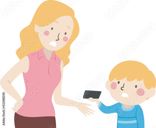 Girl Kid Boy Mom Take Cellphone Illustration