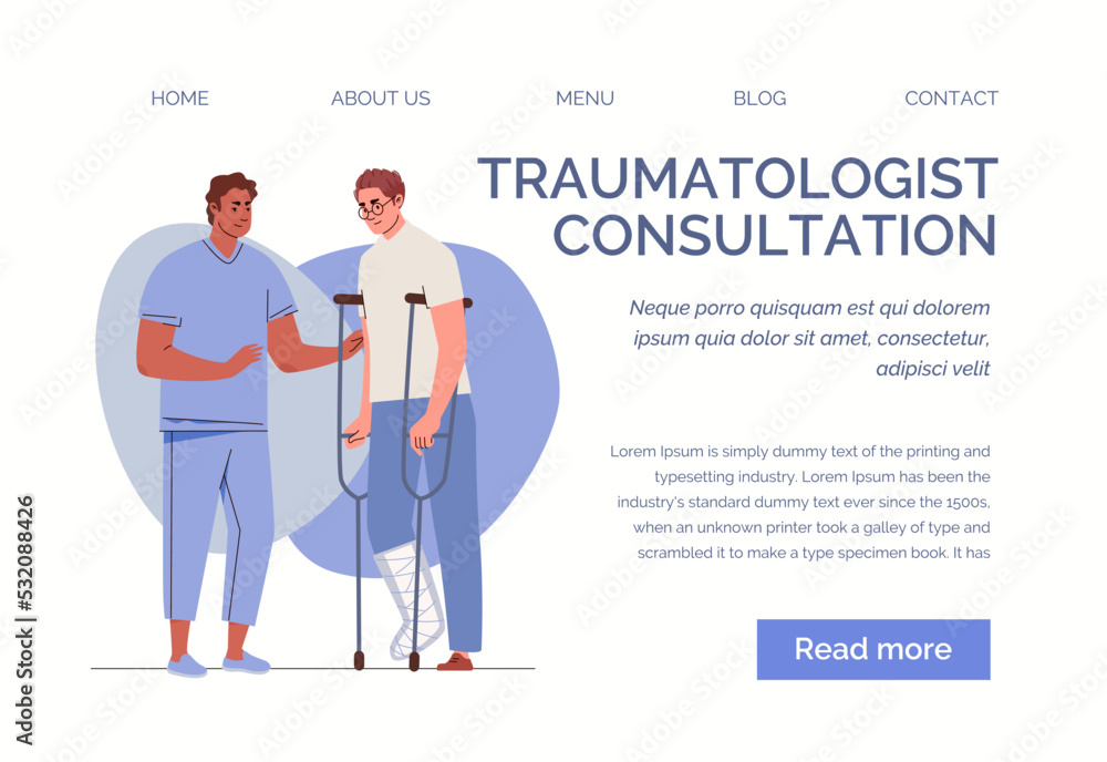 Doctor and patient with leg injury. Traumatologist helps disabled person on crutches. Man with broken foot in cast at orthopedist. Website, template, landing page. Vector flat cartoon illustration.

