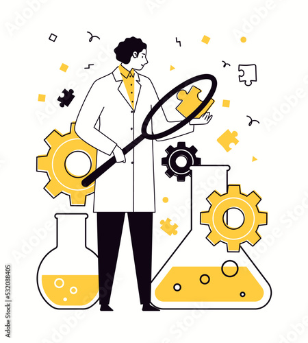 Concept of design thinking. Search and research of innovations, alternative and non-standard solutions. Vector characters flat cartoon illustration.