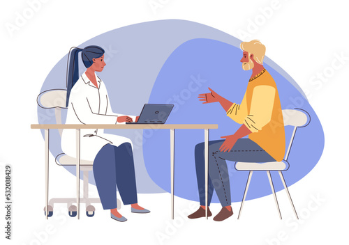 Patient in doctor’s office. Physician's consultation, appointment. Visit therapist, medical specialist. Examination and diagnostics in clinic. Vector flat cartoon illustration.