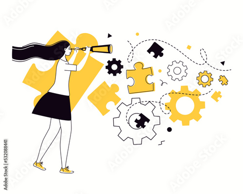 Searching for ideas and opportunities for success, creating competitive advantages, strategic thinking and management in business environment. Character of creative person. Flat vector illustration.