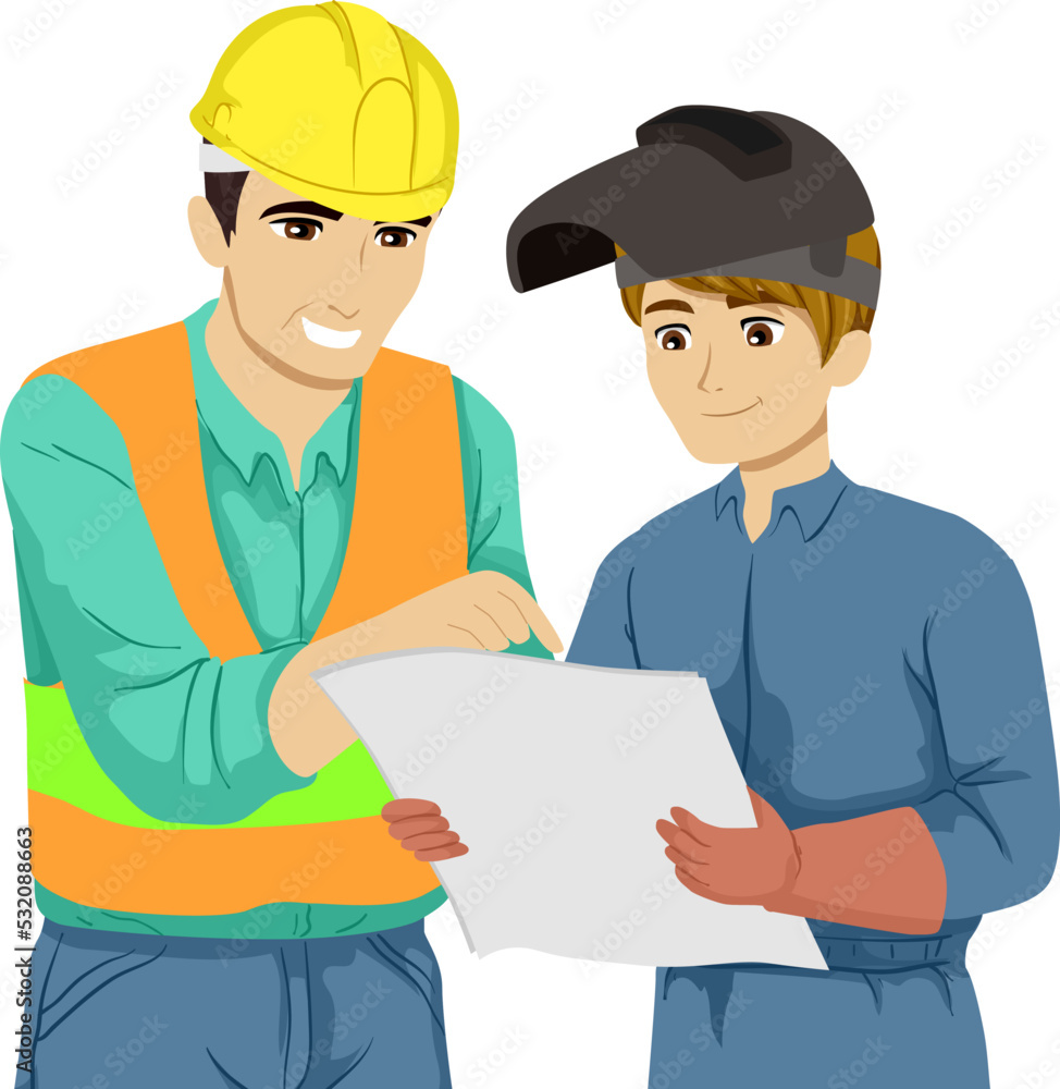Teen Guy Welder Teacher Blueprint Illustration Teen Guy Welder Teacher Blueprint Illustration