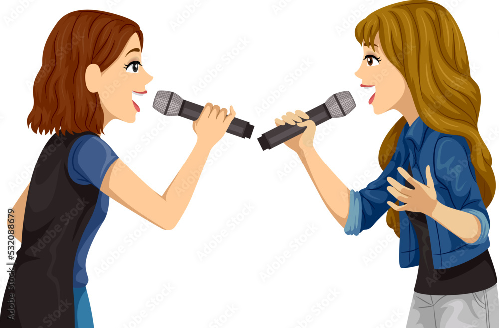 Teen Girls Sing Duet Microphone Illustration Teen Girls Sing Duet Microphone Illustration