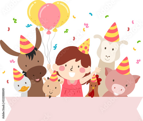 Kid Girl Farm Petting Zoo Birthday Illustration