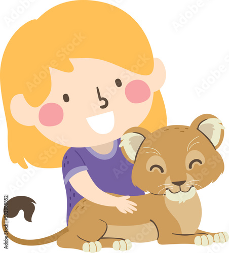 Kid Girl Petting Lion Cub Illustration