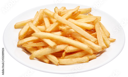 French fries potatoes on white ceramic plate