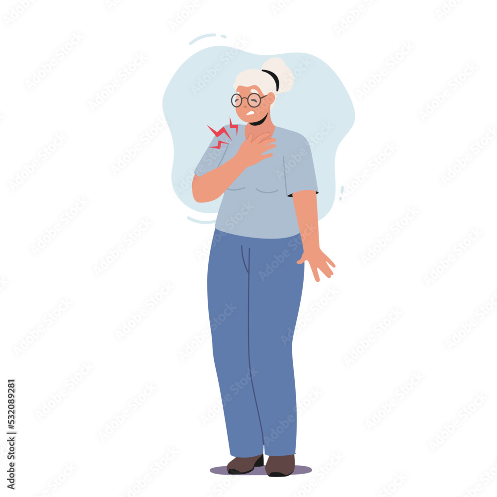 Senior Female Character with Cardiology Disease Holding Breast Isolated on White Background. Old Woman Suffer of Pain