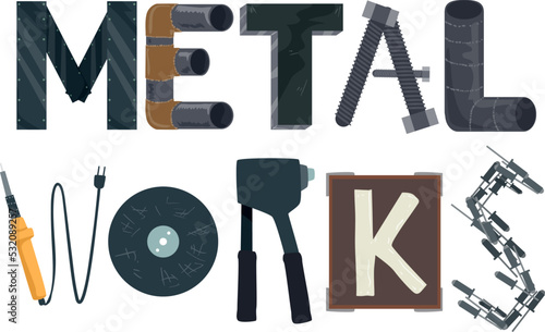 Metal Works Tools Screws Lettering Illustration