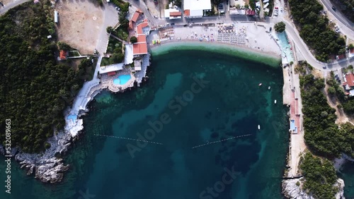 Above Utjeha Beach Uvala Maslina on tourist shore of Montenegro, aerial photo