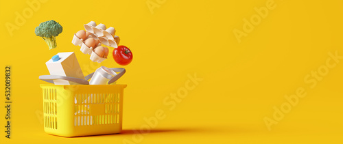 Basket with foods on yellow background. Supermarket shopping concept. 3d rendering