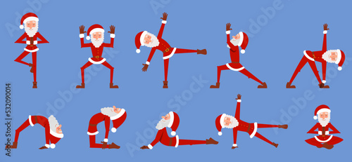A scene with a skinny Santa Claus doing yoga. A healthy Christmas character in different poses. Vector illustration in a flat style, isolated on a white background.