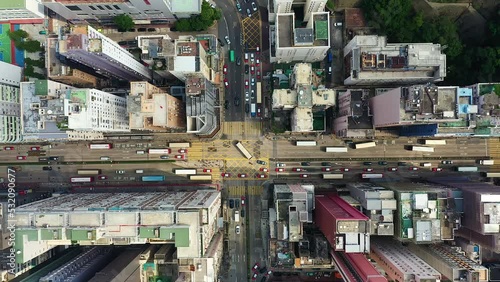 Hong Kong: Top down aerial footage of the traffic along the famous Nathan Road in Kowloon Mong Kok district in Hong Kong city