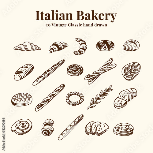 Set of  Bakery Hand Drawn Vintage Classic Croissant