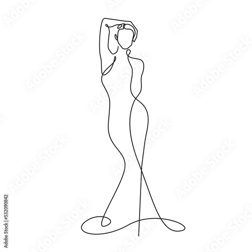 Elegant Female Silhouette Continuous One Line Drawing. Woman Dress Fashion Minimalist Illustration. Woman Minimal Sketch Drawing. fashion Beauty Single Line for Home Decor, Wall Art. Vector EPS 10 