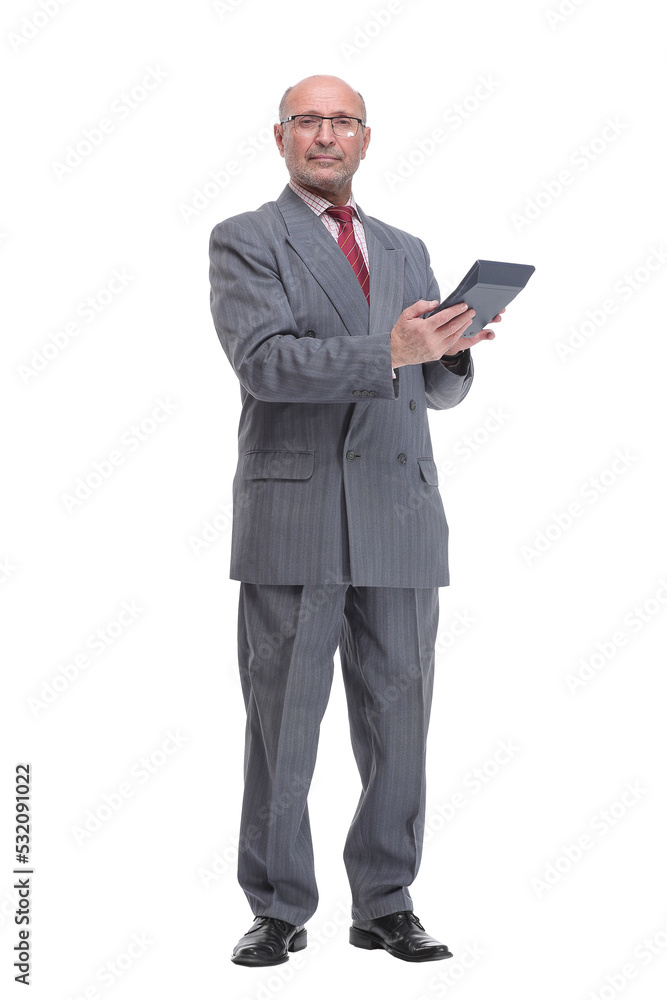 Full length of senior man surprised by using calculator Full length of senior man surprised by using calculator
