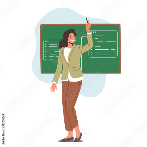 Friendly Teacher Woman Stand At Blackboard Explain Lesson Isolated On White Background. Young Female Tutor
