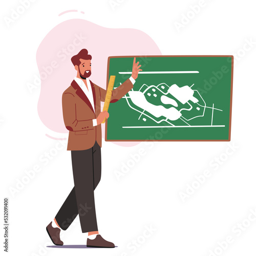 School Education, Learning Concept. Teacher Stand at Blackboard with Writings Explain Lesson to Students Tutor Character