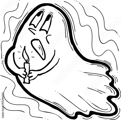 Scary cute Halloween ghost vector with funny face hand drawn illustration. Night spirit. Comic cartoon personage character for decorative design, poster print. decoration celebration, party invitation