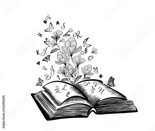 Graphic object book with letters and flowers abstraction. Vector illustration