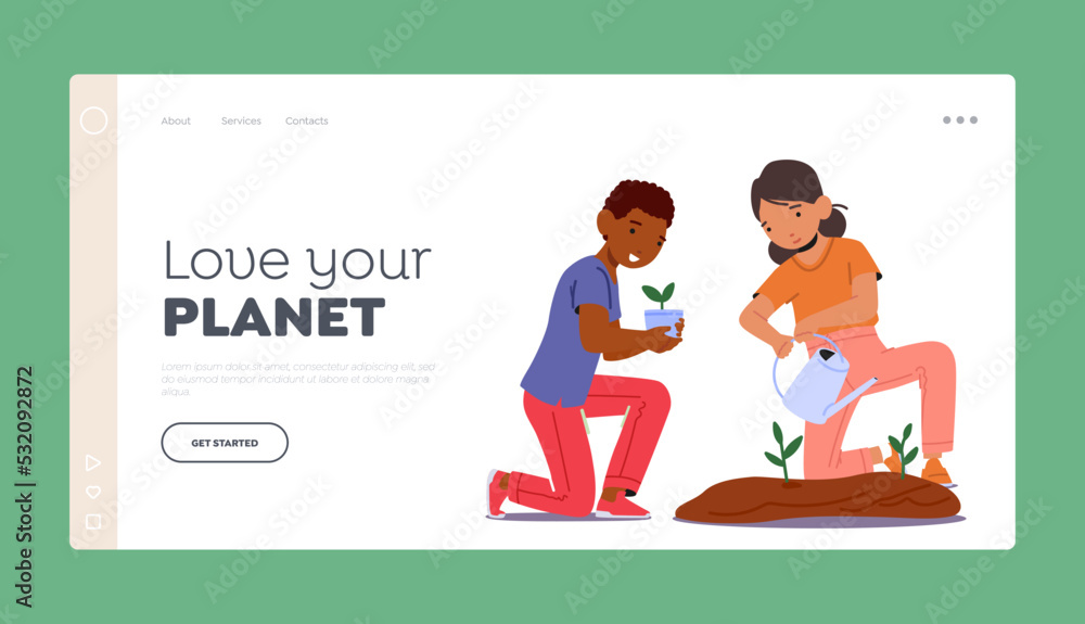 Love Your Planet Landing Page Template. Children Gardening, Preschool Or Kindergarten. Happy Kid Characters Boy And Girl