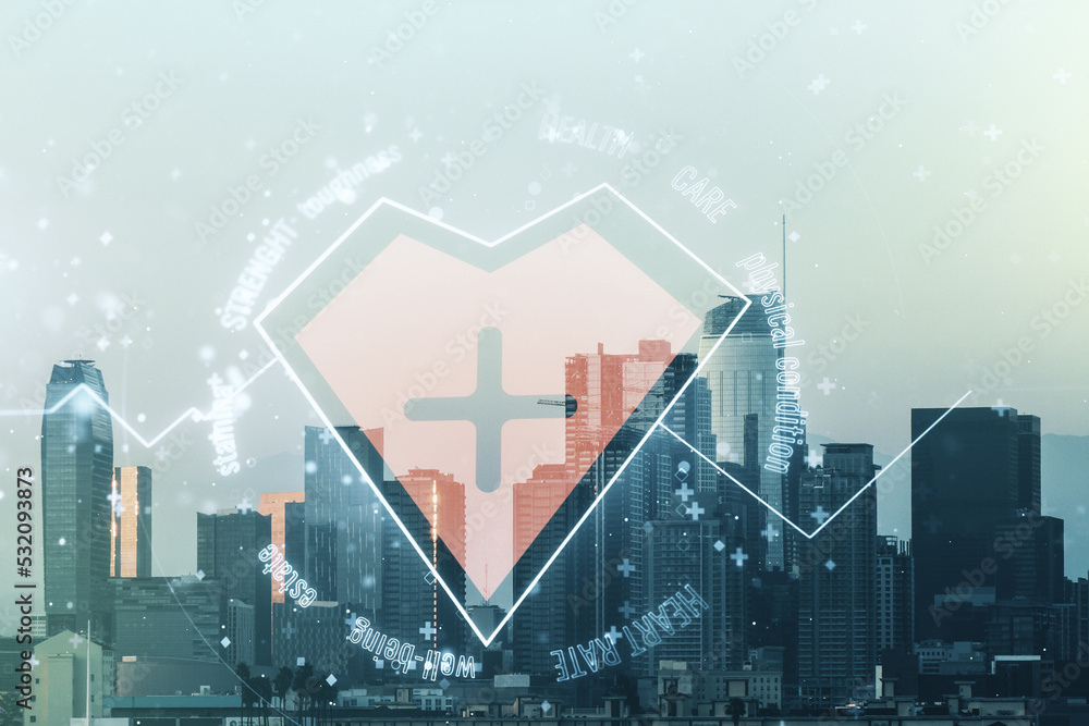 Abstract virtual heart rate sketch on Los Angeles office buildings background, Medicine and healthcare concept. Multiexposure Abstract virtual heart rate sketch on Los Angeles office buildings background, Medicine and healthcare concept. Multiexposure