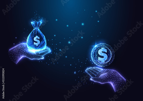 Concept of market exchange value, currency trading. Human hands holding money bag and single coin