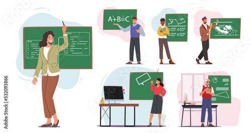 Set Of Teachers Stand At Blackboard. Tutors Teach Different Subjects Isolated On White Background. Cartoon People