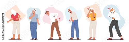 Set Elderly People Suffer of Ache in Body Parts Back, Head, Arms and Heart. Senior Characters Feel Pain. Health Problem