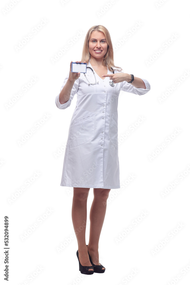 smiling doctor with a stethoscope showing her visiting card . smiling doctor with a stethoscope showing her visiting card .