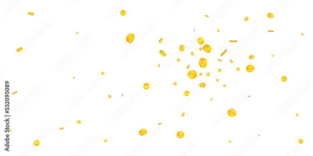 British pound coins falling. Scattered gold GBP British pound coins falling. Scattered gold GBP