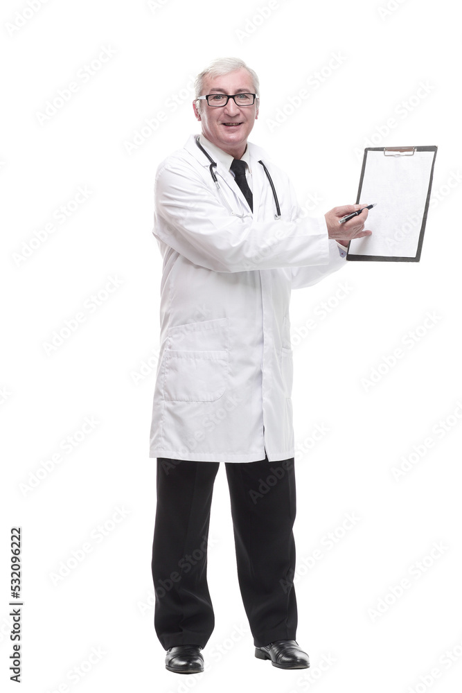 qualified mature doctor with clipboard. isolated on a white qualified mature doctor with clipboard. isolated on a white