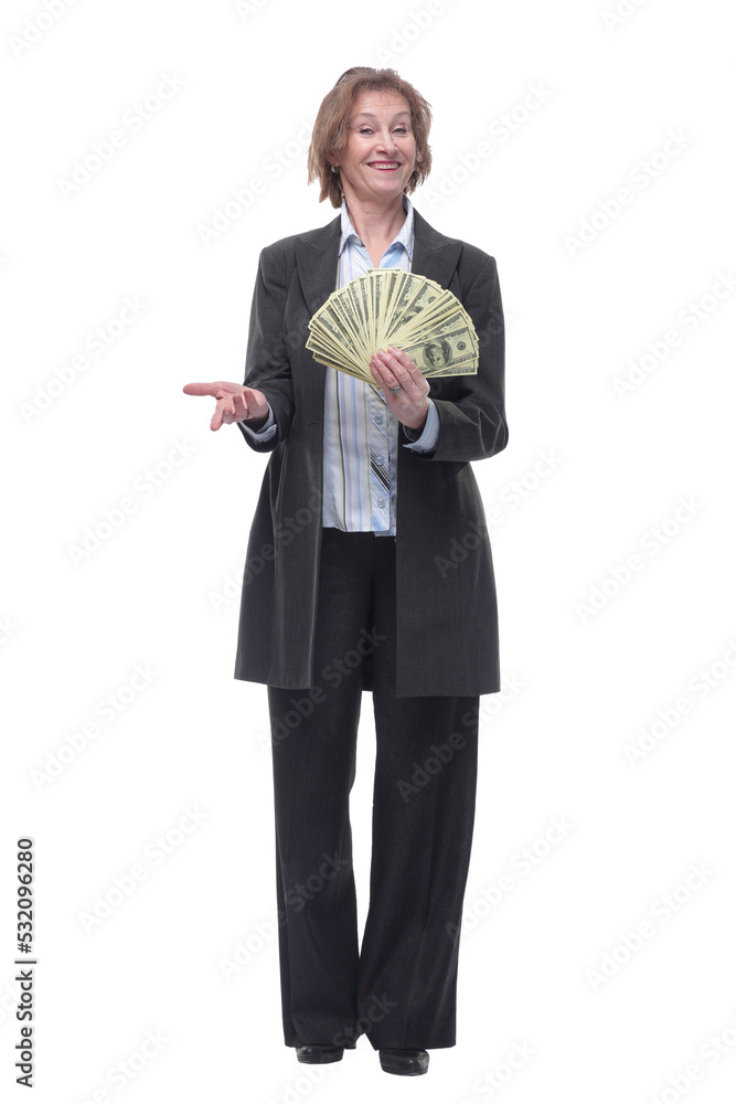 Front view of senior brunette businesswoman in black suit holding money Front view of senior brunette businesswoman in black suit holding money