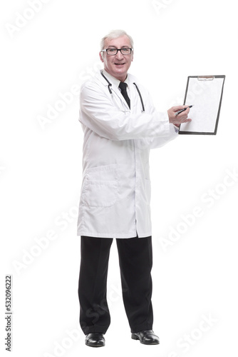 qualified mature doctor with clipboard. isolated on a white