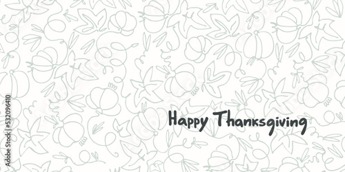 Thanksgiving Day holiday design. Hand lettering decorated with a garland of pumpkins and pumpkin leaves in line art. Greeting card template, logo, emblem