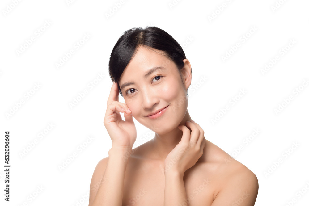 Portrait healthy pretty young woman isolated on white background. beautiful female model person applying cosmetic cream for skincare on fresh makeup clean face. spa, treatment, wellness concept. Portrait healthy pretty young woman isolated on white background. beautiful female model person applying cosmetic cream for skincare on fresh makeup clean face. spa, treatment, wellness concept.