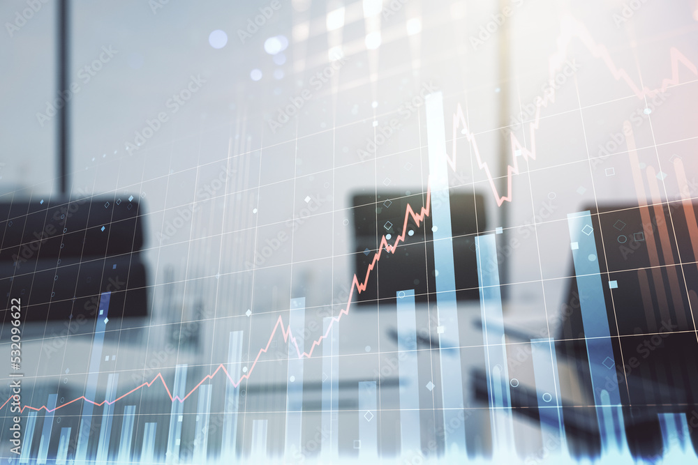 Multi exposure of abstract financial graph and modern desktop with pc on background, financial and trading concept Multi exposure of abstract financial graph and modern desktop with pc on background, financial and trading concept