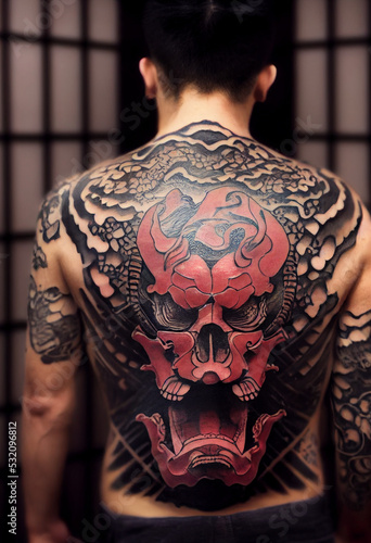 Japanese yakuza with tattoo on body.3d illustration