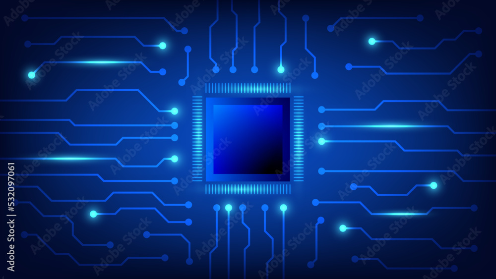 circuit board with computer chip on blue lighting background. technology and Hi tech element concept circuit board with computer chip on blue lighting background. technology and Hi tech element concept