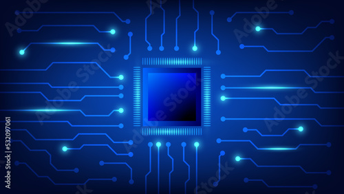 circuit board with computer chip on blue lighting background. technology and Hi tech element concept