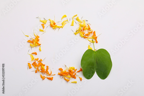 Happy Dussehra greeting card , green leaf and marigold flower. photo