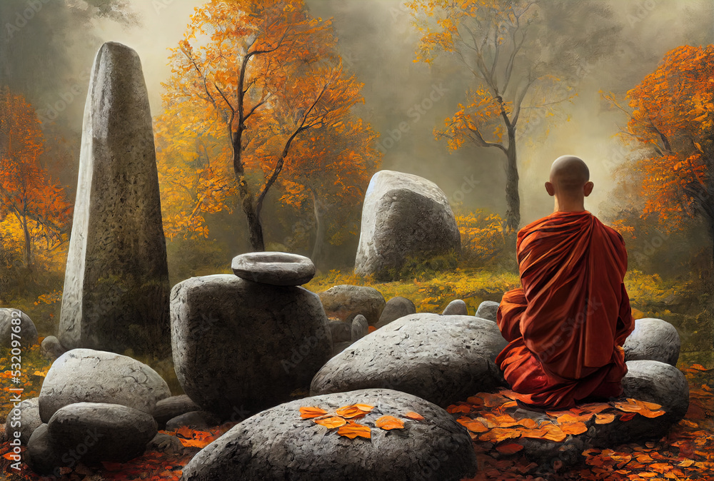 A meditating monk in the autumn forest. Realistic digital illustration. Fantastic Background. Concept Art. CG Artwork. - obrazy, fototapety, plakaty 