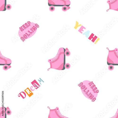 Seamless pattern with retro roller skates in cartoon style. Classic 80s 90s fashion elements, vintage background, nostalgia 1980 1990