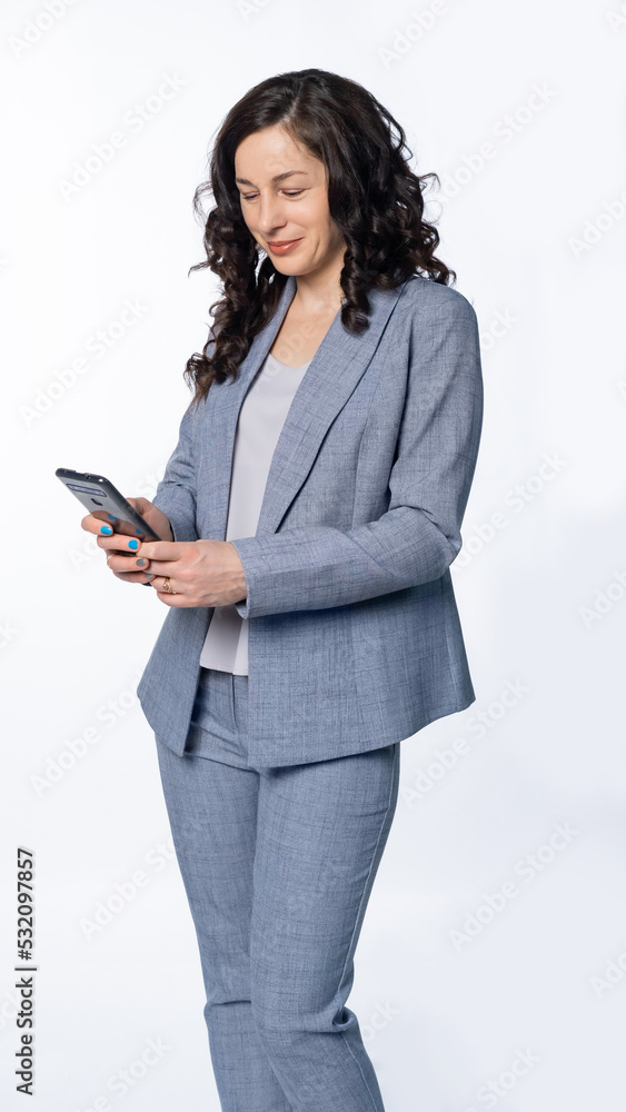 woman with curly black hair in a business suit. isolated, white background woman with curly black hair in a business suit. isolated, white background