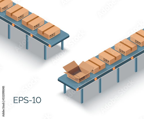 Conveyor with boxes. Vector illustration of transporter belt with cardboard boxes on it. Delivery concept