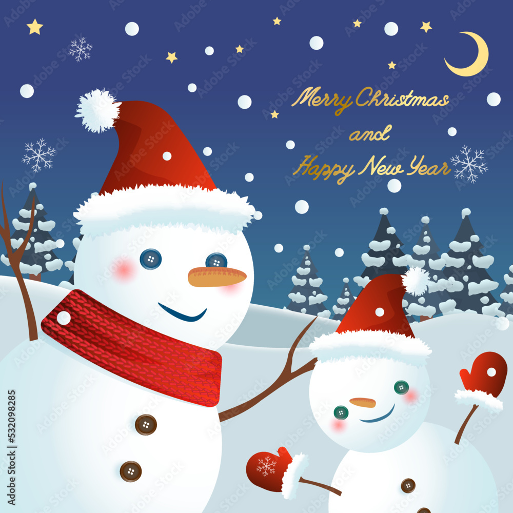 Snow scene at night with 2 little snowmen and pine trees Snow scene at night with 2 little snowmen and pine trees