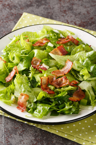 Southern Wilted Lettuce Salad With Hot Bacon Dressing closeup in the plate on the table. Vertical