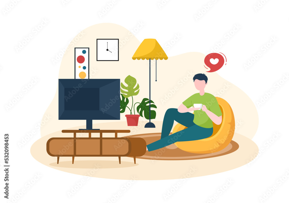 Fototapeta premium TV Channel Template Hand Drawn Cartoon Flat Illustration Home Entertainment for Watching Movie, Action Film or Breaking News in Television