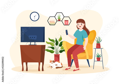TV Channel Template Hand Drawn Cartoon Flat Illustration Home Entertainment for Watching Movie, Action Film or Breaking News in Television