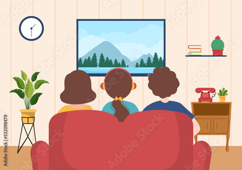 TV Channel Template Hand Drawn Cartoon Flat Illustration Home Entertainment for Watching Movie, Action Film or Breaking News in Television