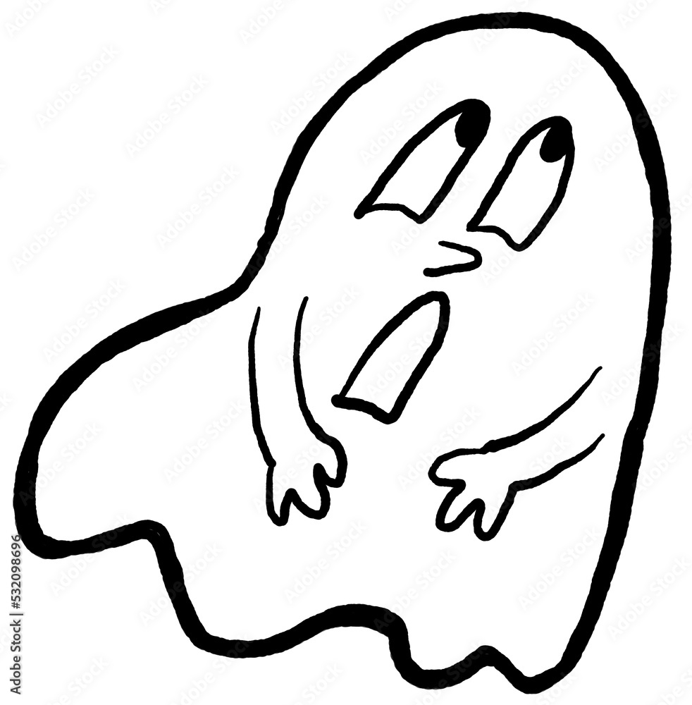 Obraz premium Scary and cute Halloween ghost with funny face hand drawn illustration. Night spirit. Comic cartoon personage character for decorative design, poster print. decoration celebration, party invitation.